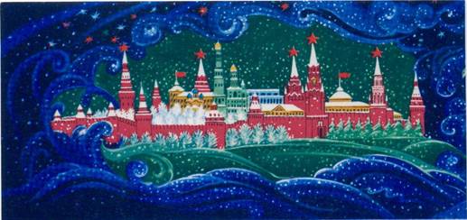 Открытка: Хохломская роспись: вид зимнего Кремля