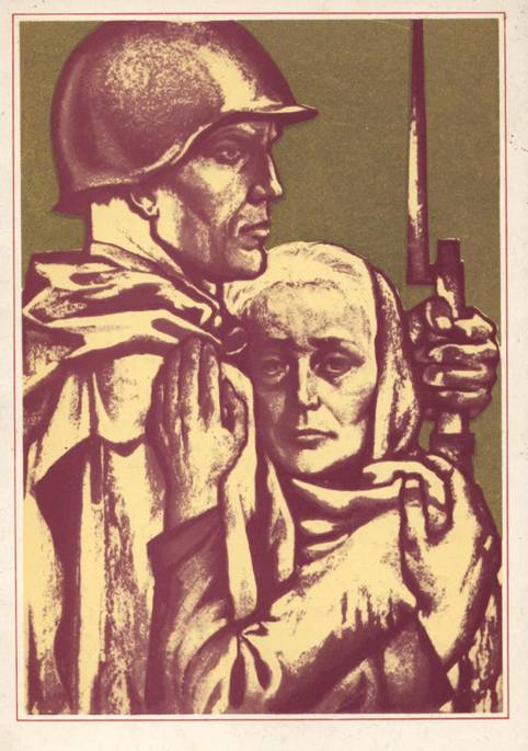 Рисунок: мать, прижимающаяся к груди сына-солдата