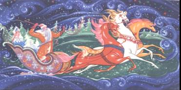 Хохломская роспись: мчащаяся по снегу тройка лошадей, запряжённая в сани с Дедом Морозом